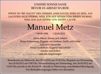 Anzeige von Manuel Metz von Schwäbische Zeitung