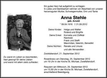 Anzeige von Anna Stehle von Schwäbische Zeitung