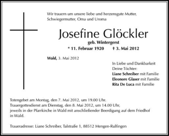 Anzeige von Josefine Glöckler von Schwäbische Zeitung