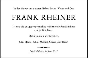 Anzeige von Frank Rheiner von Schwäbische Zeitung