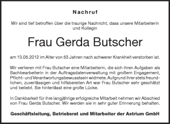 Anzeige von Gerda Butscher von Schwäbische Zeitung