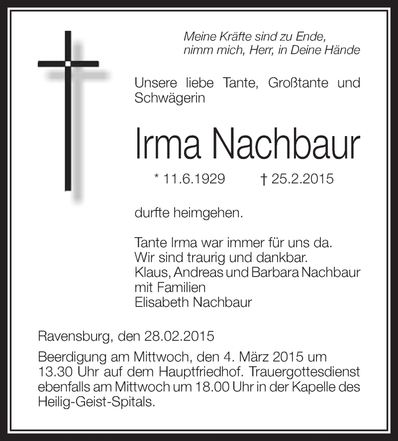  Traueranzeige für Irma Nachbaur vom 28.02.2015 aus Schwäbische Zeitung