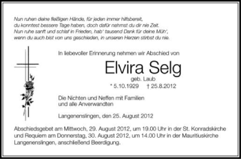 Anzeige von Elvira Selg von Schwäbische Zeitung