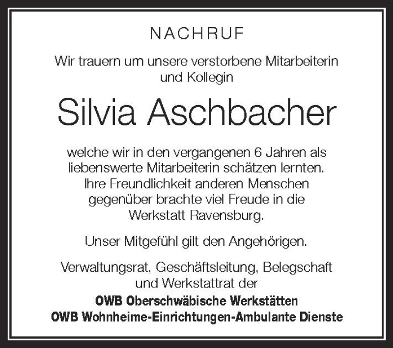  Traueranzeige für Silvia Aschbacher vom 14.07.2012 aus Schwäbische Zeitung