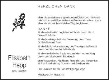 Anzeige von Elisabeth Hepp von Schwäbische Zeitung