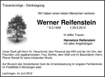 Anzeige von Werner Reifenstein von Schwäbische Zeitung