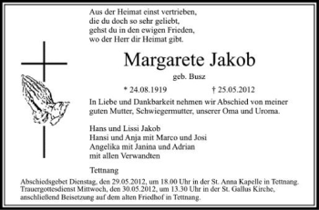 Anzeige von Margarete Jakob von Schwäbische Zeitung