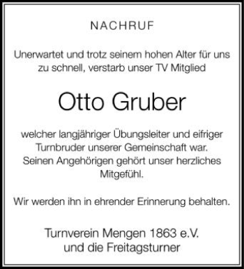 Anzeige von Otto Gruber von Schwäbische Zeitung