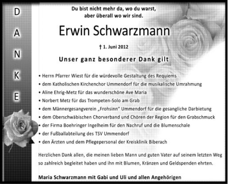  Traueranzeige für Erwin Schwarzmann vom 20.06.2012 aus Schwäbische Zeitung