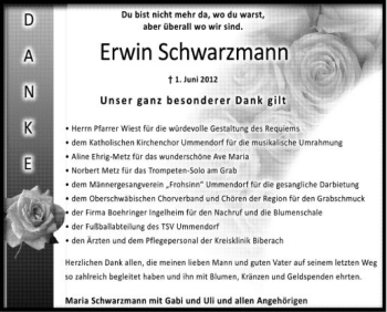Anzeige von Erwin Schwarzmann von Schwäbische Zeitung