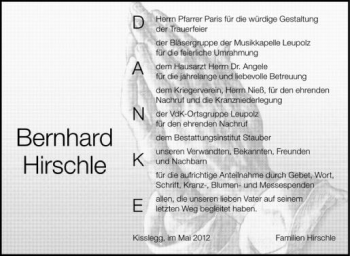Anzeige von Bernhard Hirschle von Schwäbische Zeitung