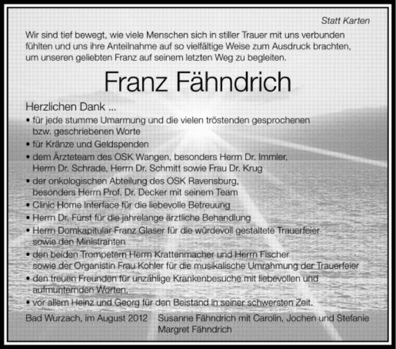  Traueranzeige für Franz Fähndrich vom 31.08.2012 aus Schwäbische Zeitung