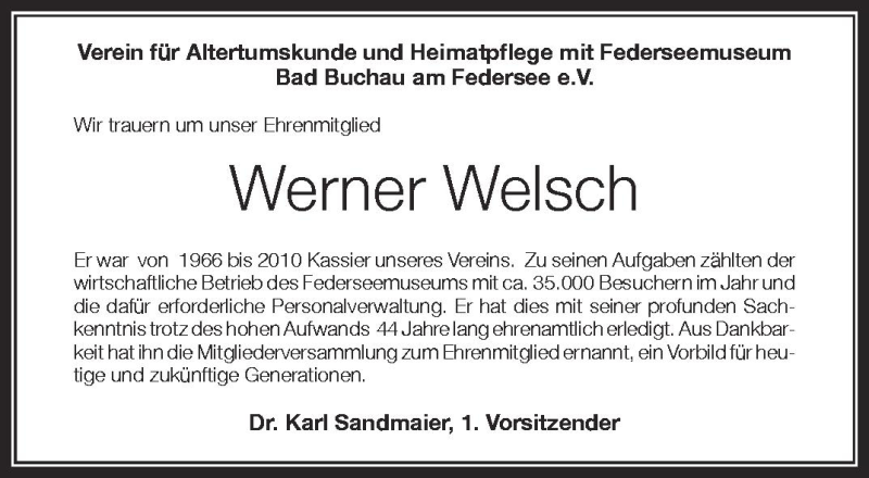  Traueranzeige für Werner Welsch vom 06.07.2012 aus Schwäbische Zeitung