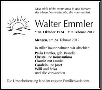 Anzeige von Walter Emmler von Schwäbische Zeitung