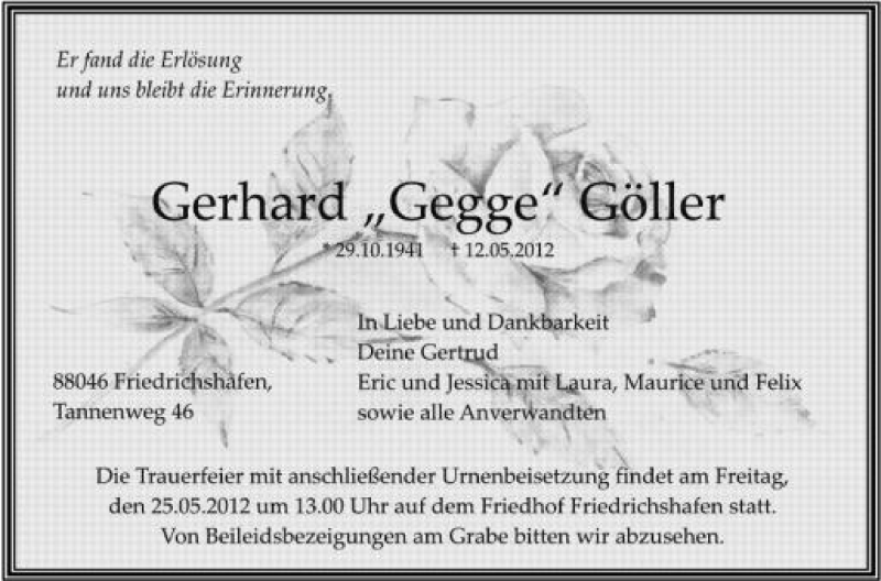  Traueranzeige für Gerhard Göller vom 19.05.2012 aus Schwäbische Zeitung