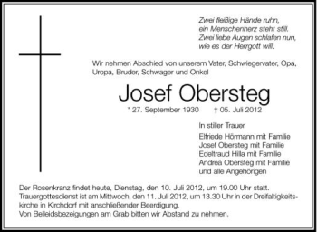 Anzeige von Josef Obersteg von Schwäbische Zeitung