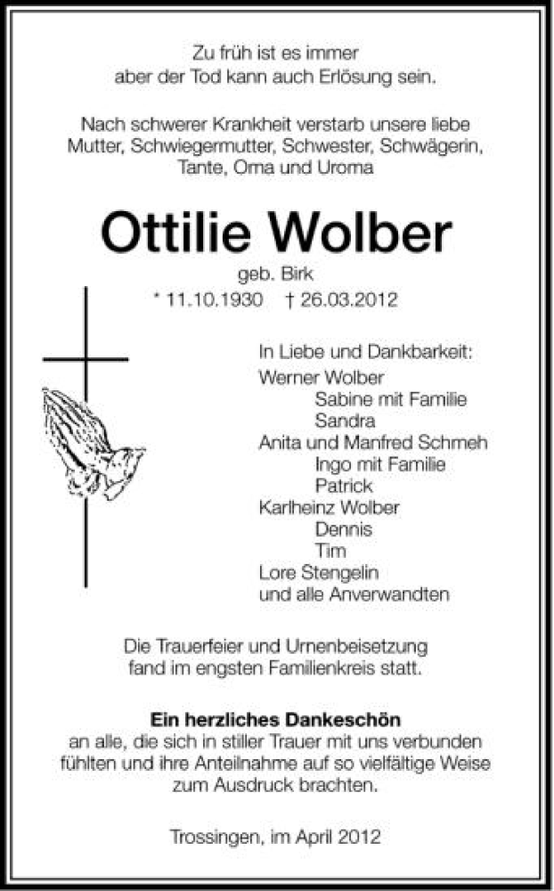  Traueranzeige für Ottilie Wolber vom 14.04.2012 aus Schwäbische Zeitung
