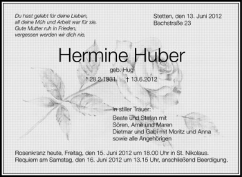 Anzeige von Hermine Huber von Schwäbische Zeitung