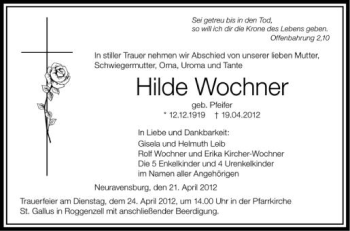 Anzeige von Hilde Wochner von Schwäbische Zeitung
