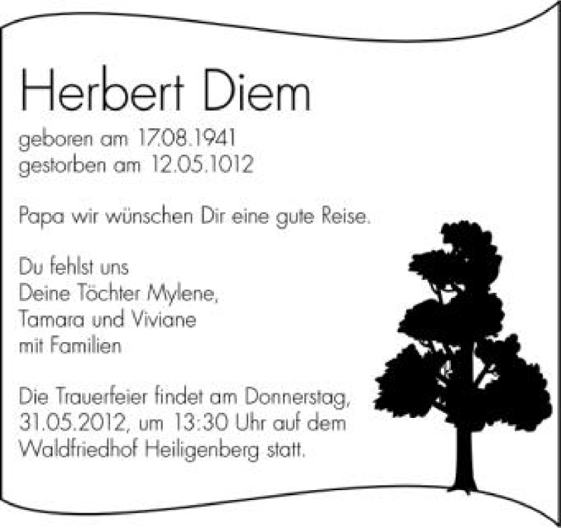  Traueranzeige für Herbert Diem vom 26.05.2012 aus Schwäbische Zeitung