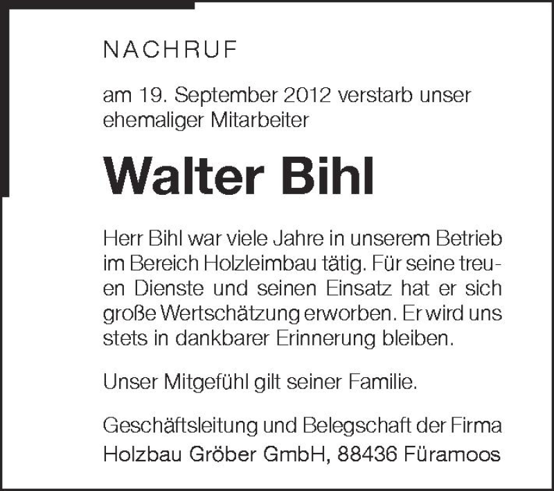  Traueranzeige für Walter Bihl vom 25.09.2012 aus Schwäbische Zeitung