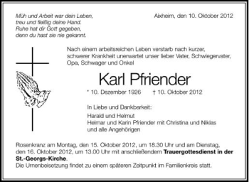 Anzeige von Karl Pfriender von Schwäbische Zeitung