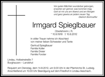 Anzeige von Irmgard Spieglbauer von Schwäbische Zeitung