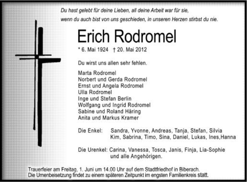  Traueranzeige für Erich Rodromel vom 26.05.2012 aus Schwäbische Zeitung