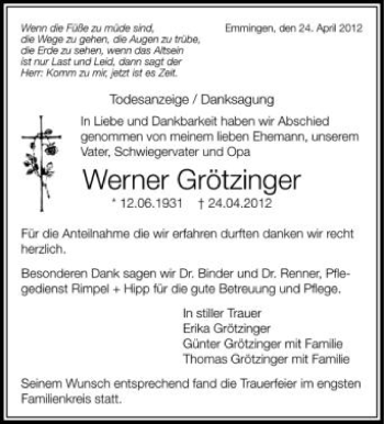 Anzeige von Werner Grötzinger von Schwäbische Zeitung