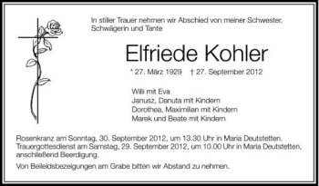 Anzeige von Elfriede Kohler von Schwäbische Zeitung