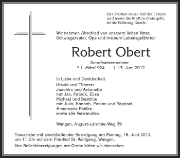 Anzeige von Robert Obert von Schwäbische Zeitung