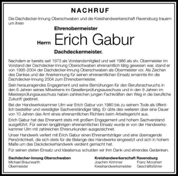 Anzeige von Erich Gabur von Schwäbische Zeitung