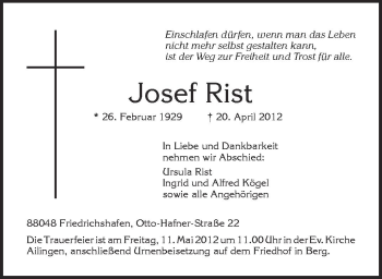 Anzeige von Josef Rist von Schwäbische Zeitung