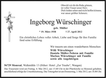 Anzeige von Ingeborg Würschinger von Schwäbische Zeitung