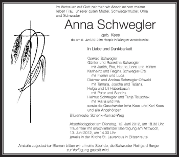 Anzeige von Anna Schwegler von Schwäbische Zeitung