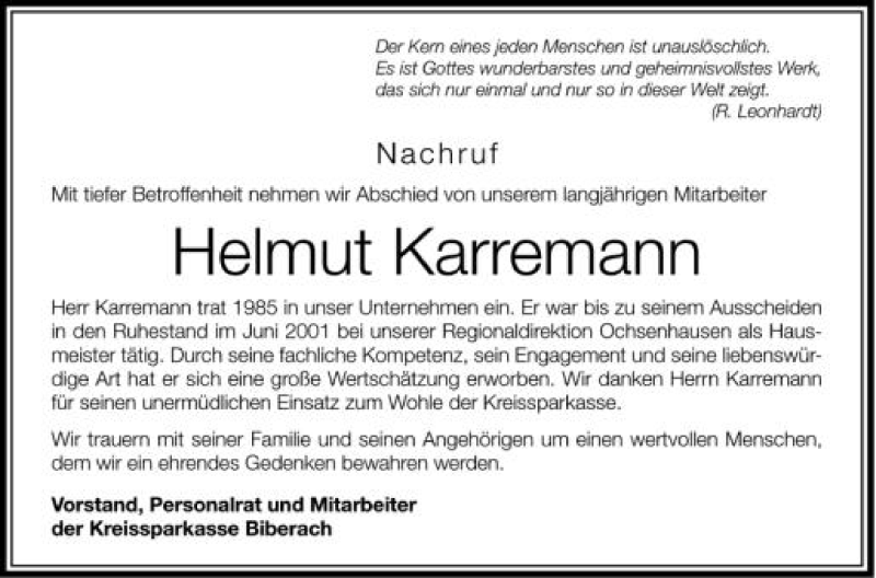  Traueranzeige für Helmut Karremann vom 20.09.2012 aus Schwäbische Zeitung