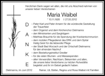 Anzeige von Maria Waibel von Schwäbische Zeitung
