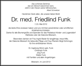Anzeige von Friedlind Funk von Schwäbische Zeitung