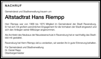 Anzeige von Hans Riempp von Schwäbische Zeitung
