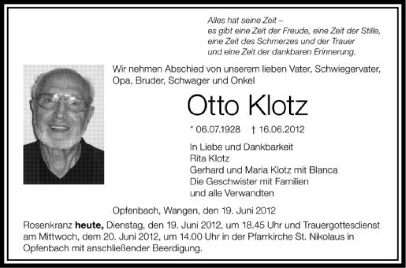  Traueranzeige für Otto Klotz vom 19.06.2012 aus Schwäbische Zeitung