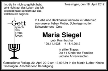 Anzeige von Maria Siegel von Schwäbische Zeitung