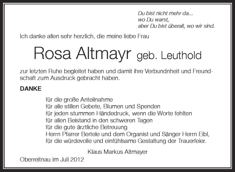  Traueranzeige für Rosa Altmayr vom 03.07.2012 aus Schwäbische Zeitung