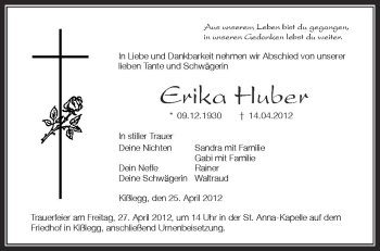 Anzeige von Erika Huber von Schwäbische Zeitung