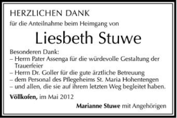 Anzeige von Liesbeth Stuwe von Schwäbische Zeitung