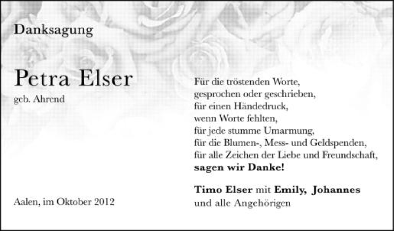  Traueranzeige für Petra Elser vom 06.10.2012 aus Schwäbische Zeitung