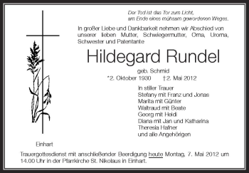 Anzeige von Hildegard Rundel von Schwäbische Zeitung