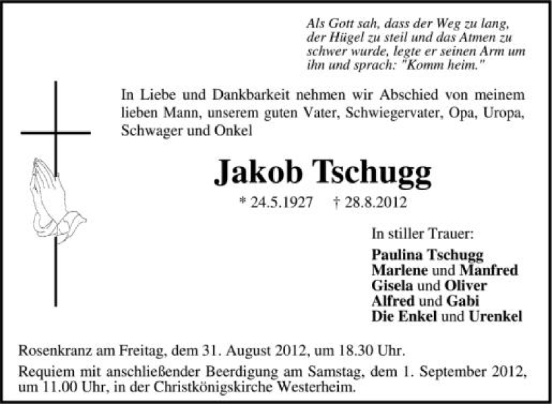  Traueranzeige für Jakob Tschugg vom 30.08.2012 aus Schwäbische Zeitung