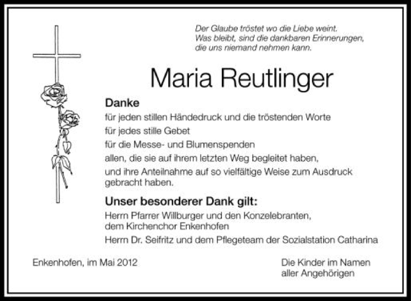  Traueranzeige für Maria Reutlingen vom 12.05.2012 aus Schwäbische Zeitung