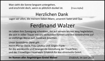 Anzeige von Ferdinand Walzer von Schwäbische Zeitung