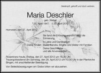Anzeige von Maria Deschler von Schwäbische Zeitung